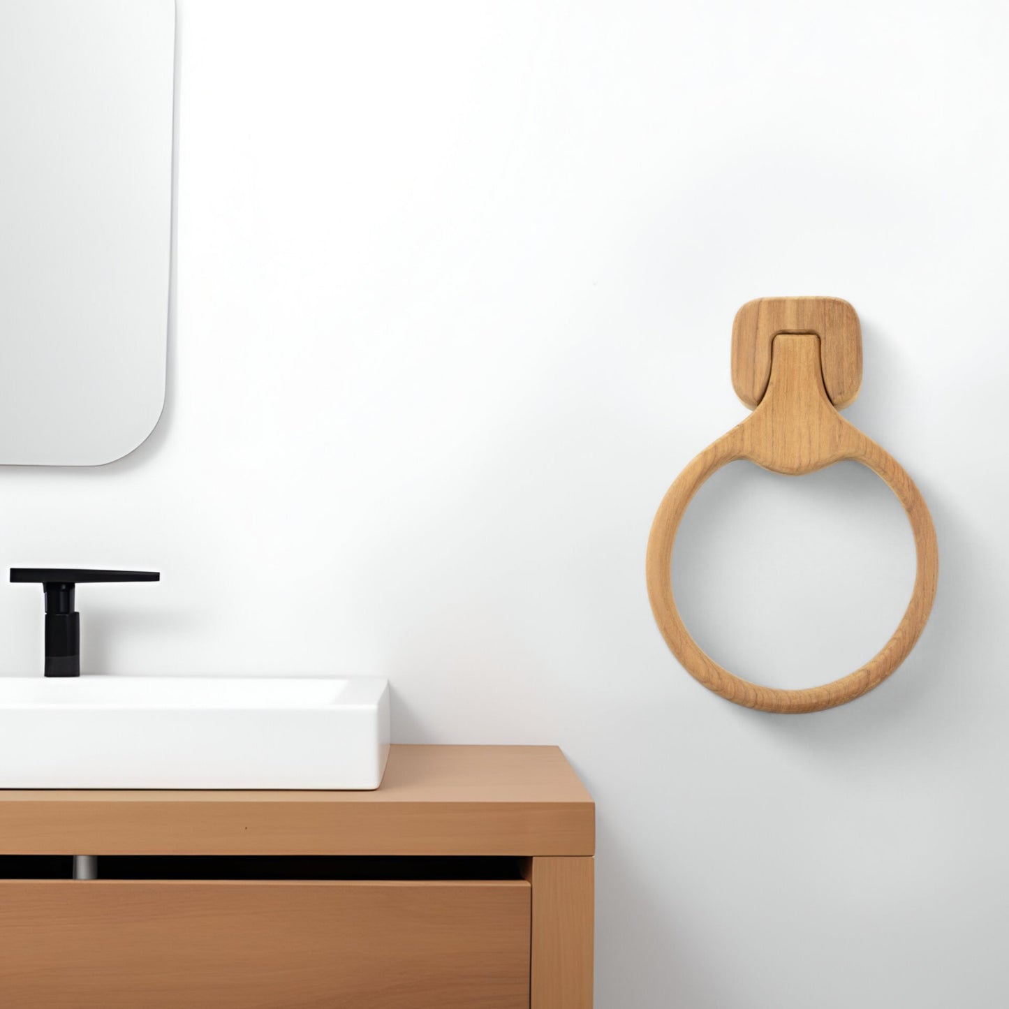 Natural Solid Teak Wood Wall Mount Towel Ring-0