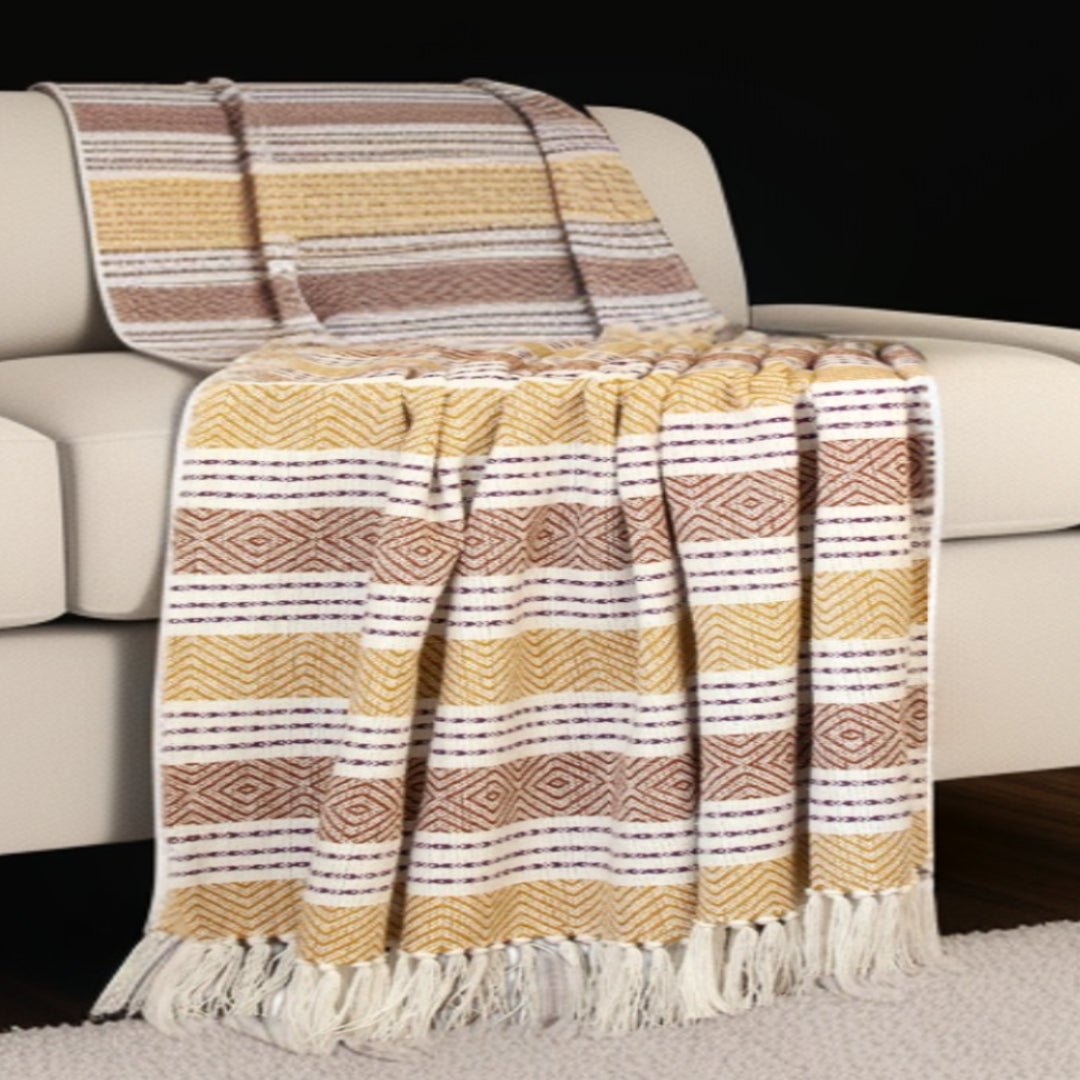Mustard Woven Cotton Striped Throw Blanket-3