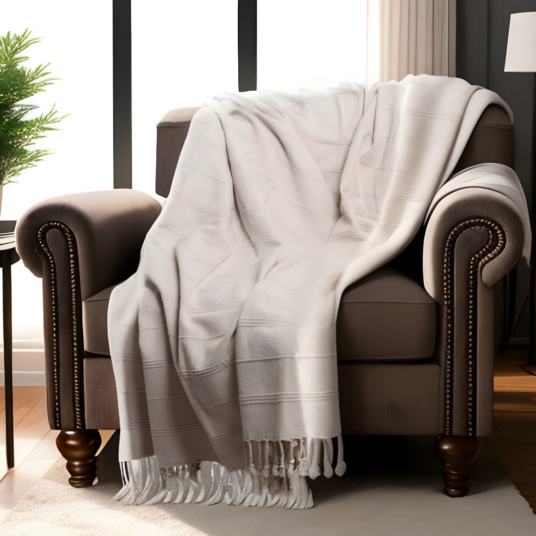 Beige Woven Cotton Striped Throw Blanket-1