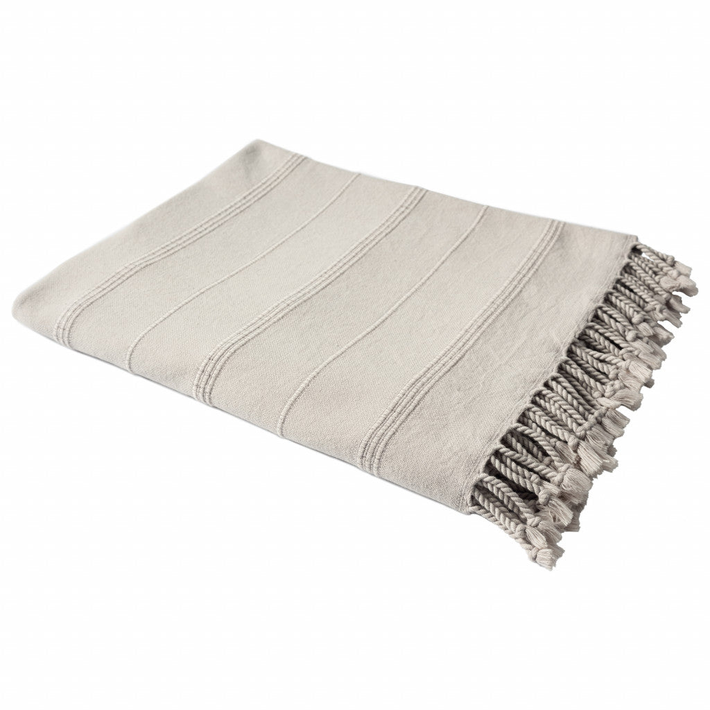 Beige Woven Cotton Striped Throw Blanket-0
