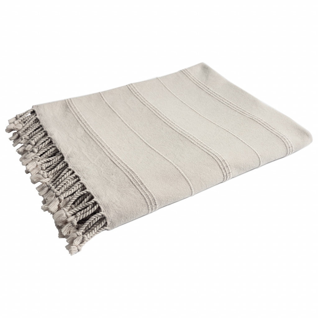 Beige Woven Cotton Striped Throw Blanket-4