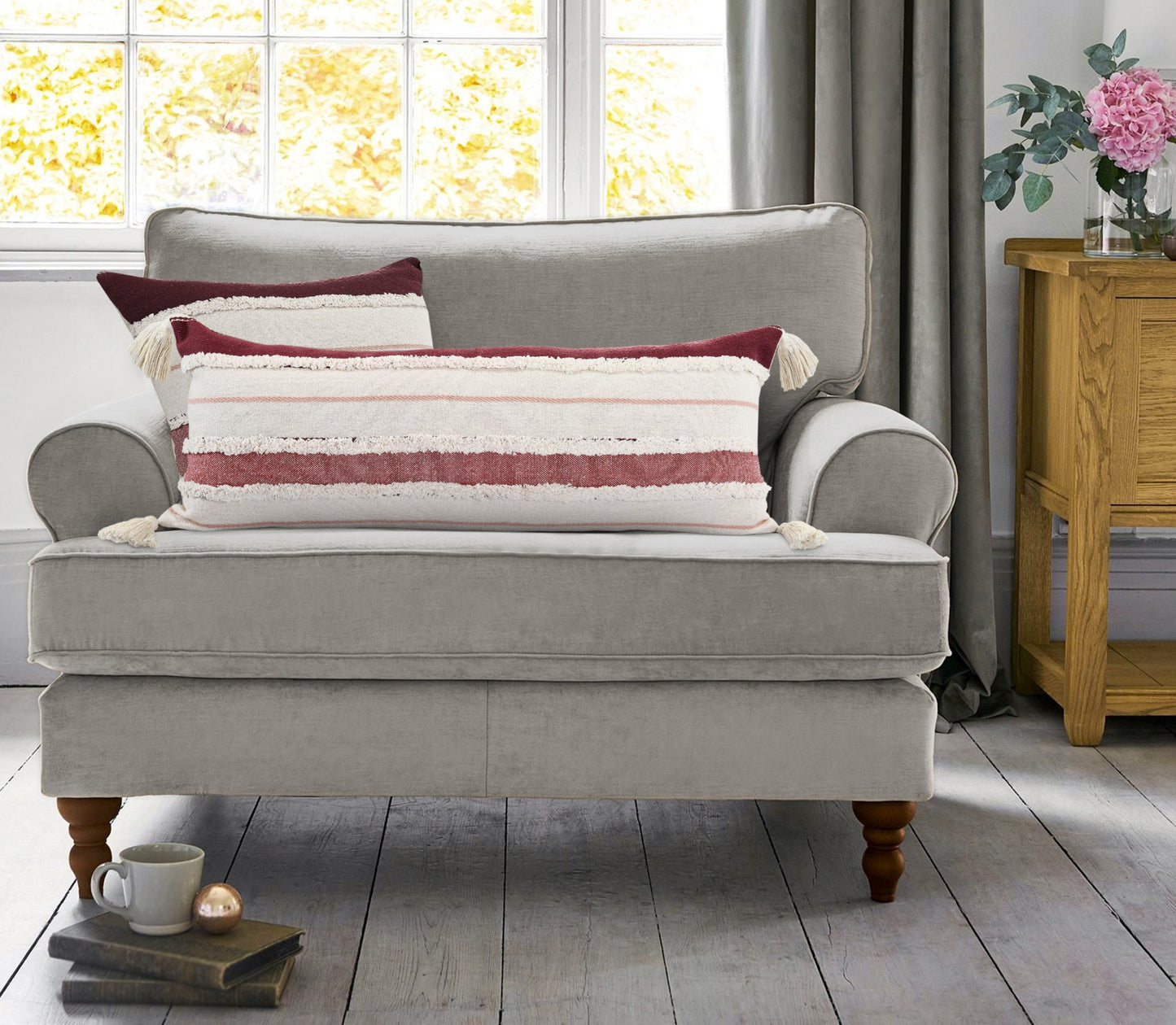 14" X 36" Red And Off-White 100% Cotton Striped Zippered Pillow-7