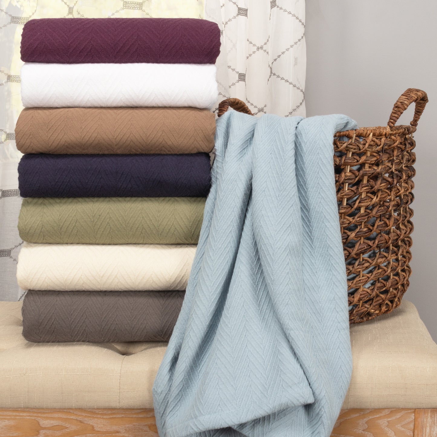 Queen Taupe Cotton Woven Chevron Blanket-5