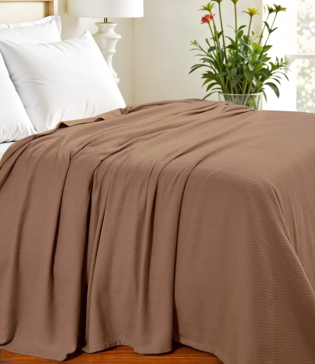 Queen Taupe Cotton Woven Chevron Blanket-1