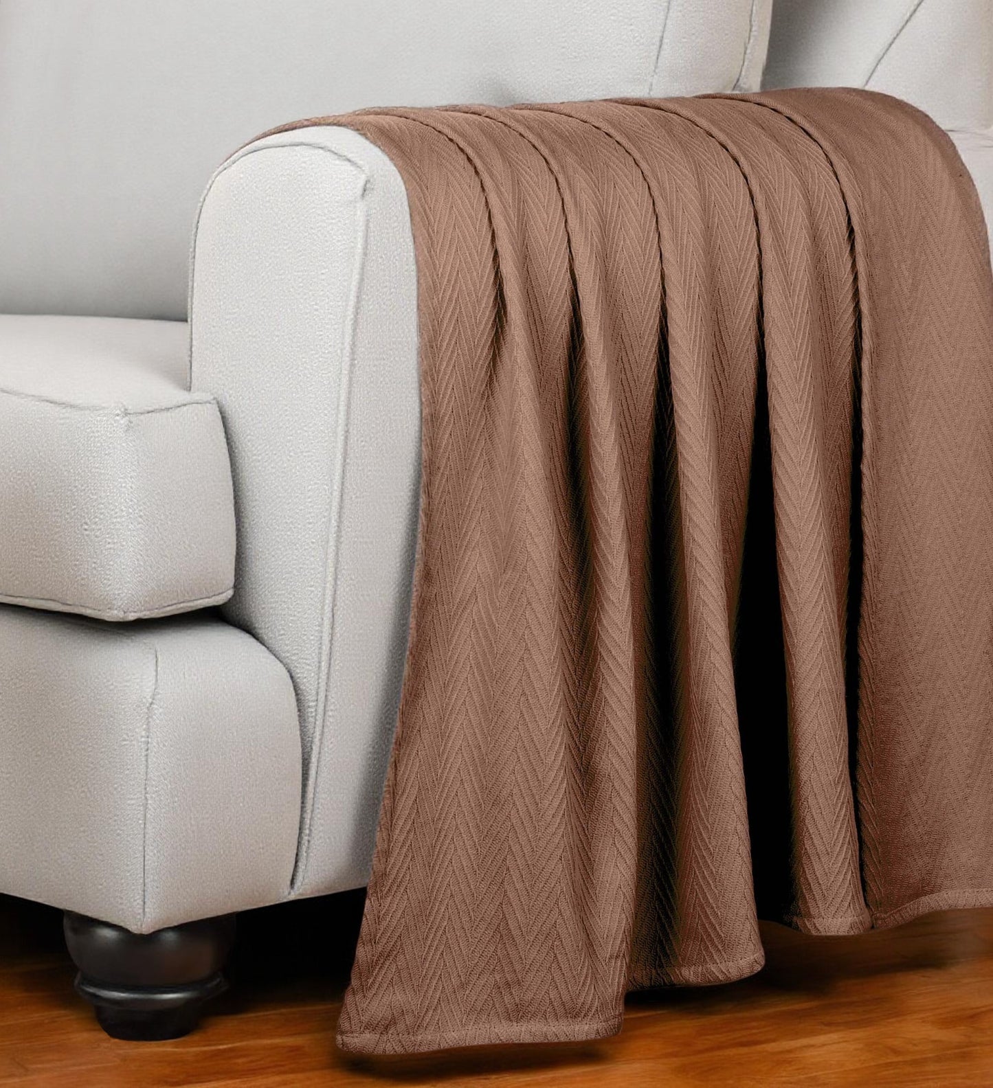 Queen Taupe Cotton Woven Chevron Blanket-2