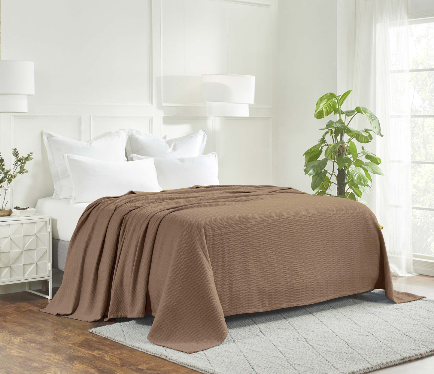 Queen Taupe Cotton Woven Chevron Blanket-7