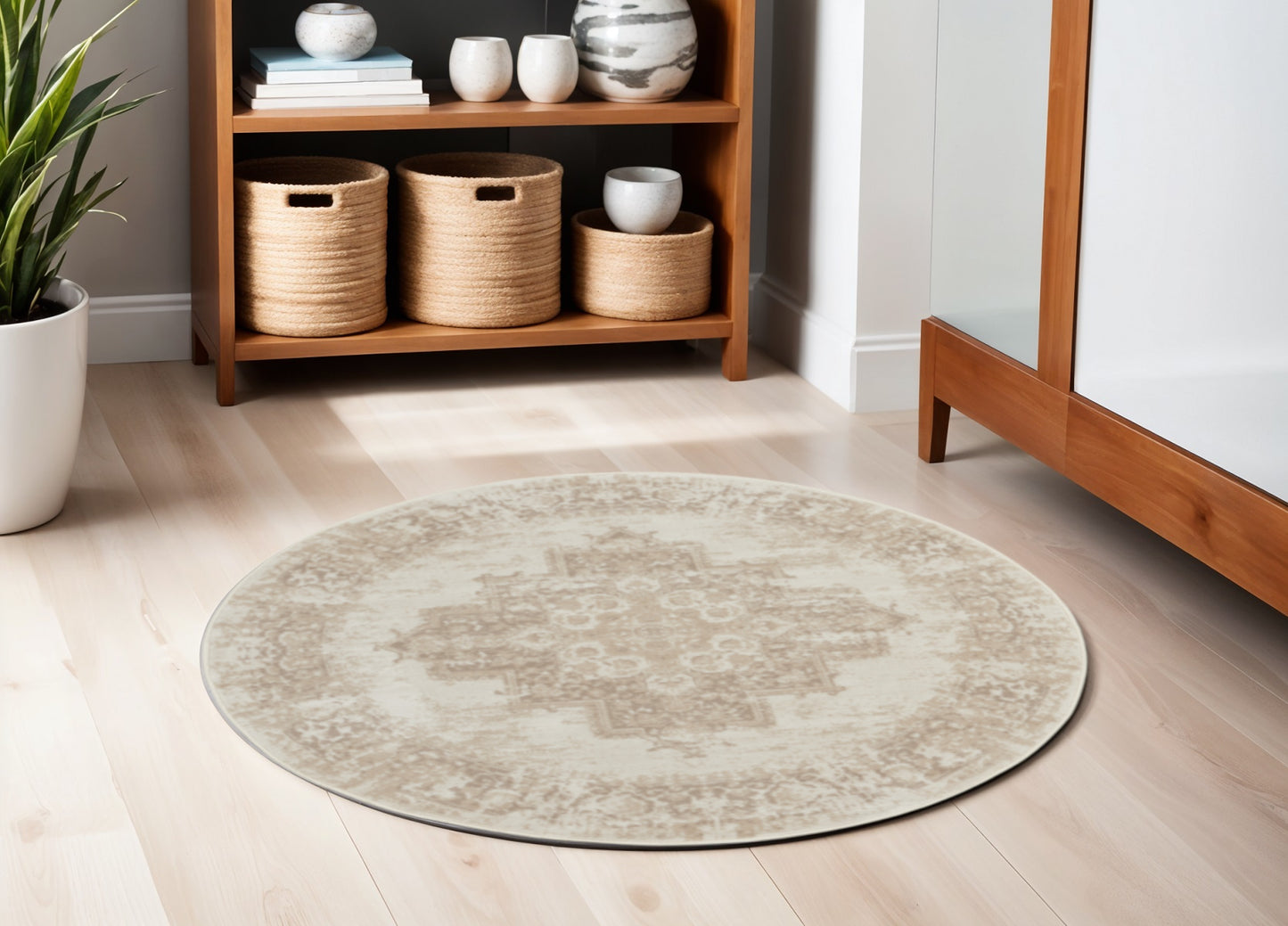 5' Ivory Floral Power Loom Worn Faded Round Rug-1