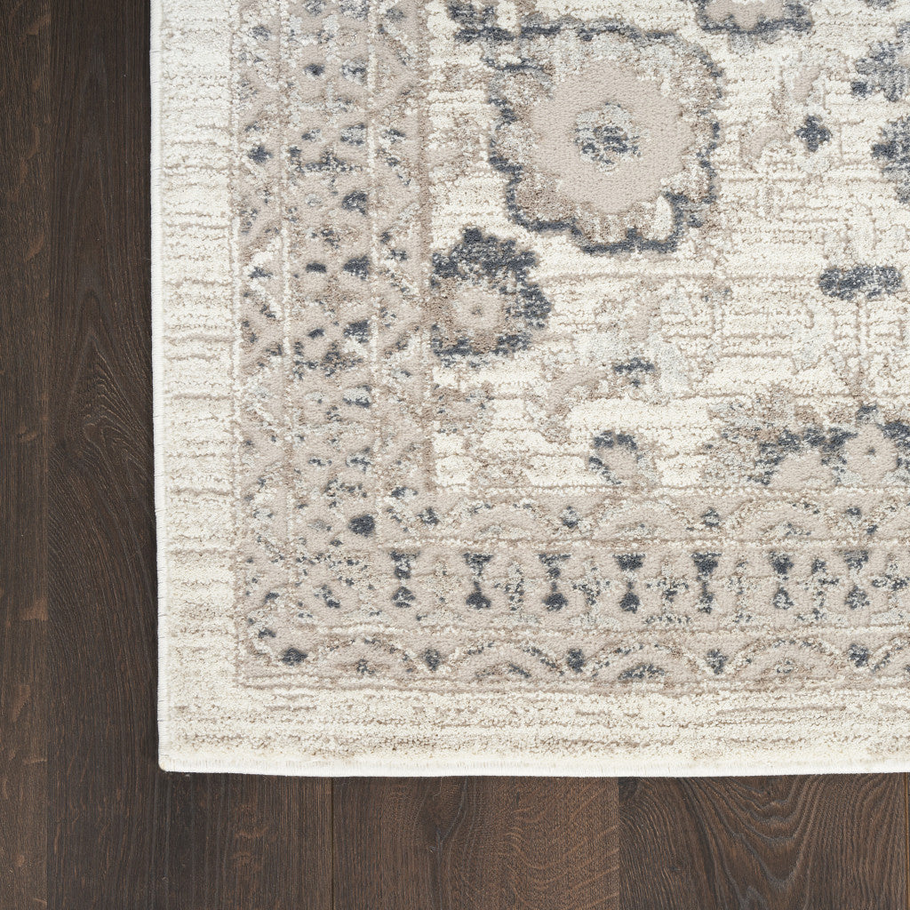 5' Ivory Floral Power Loom Worn Faded Round Rug-8