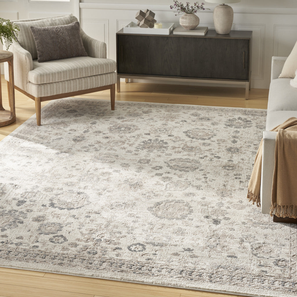 5' Ivory Floral Power Loom Worn Faded Round Rug-3