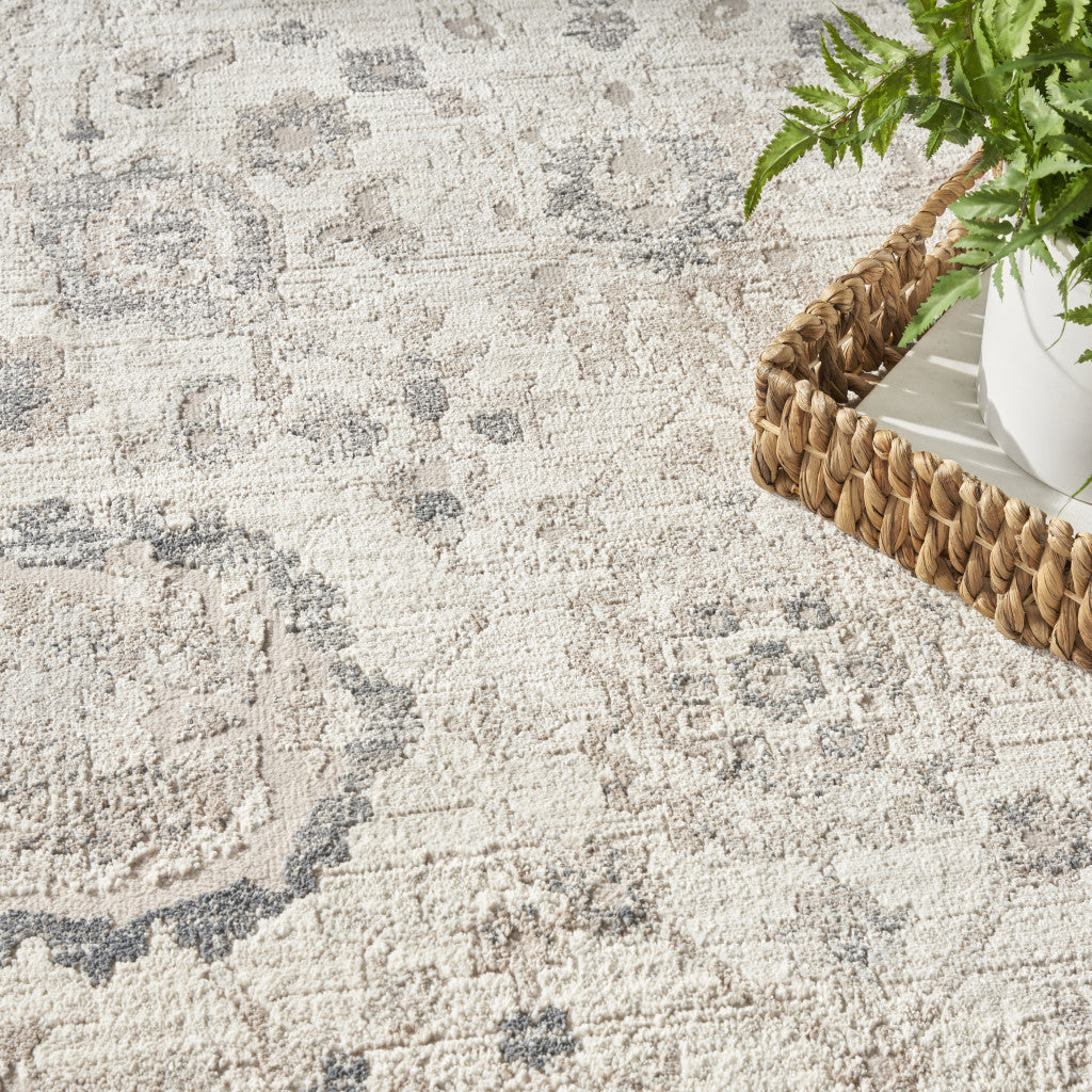 5' Ivory Floral Power Loom Worn Faded Round Rug-4