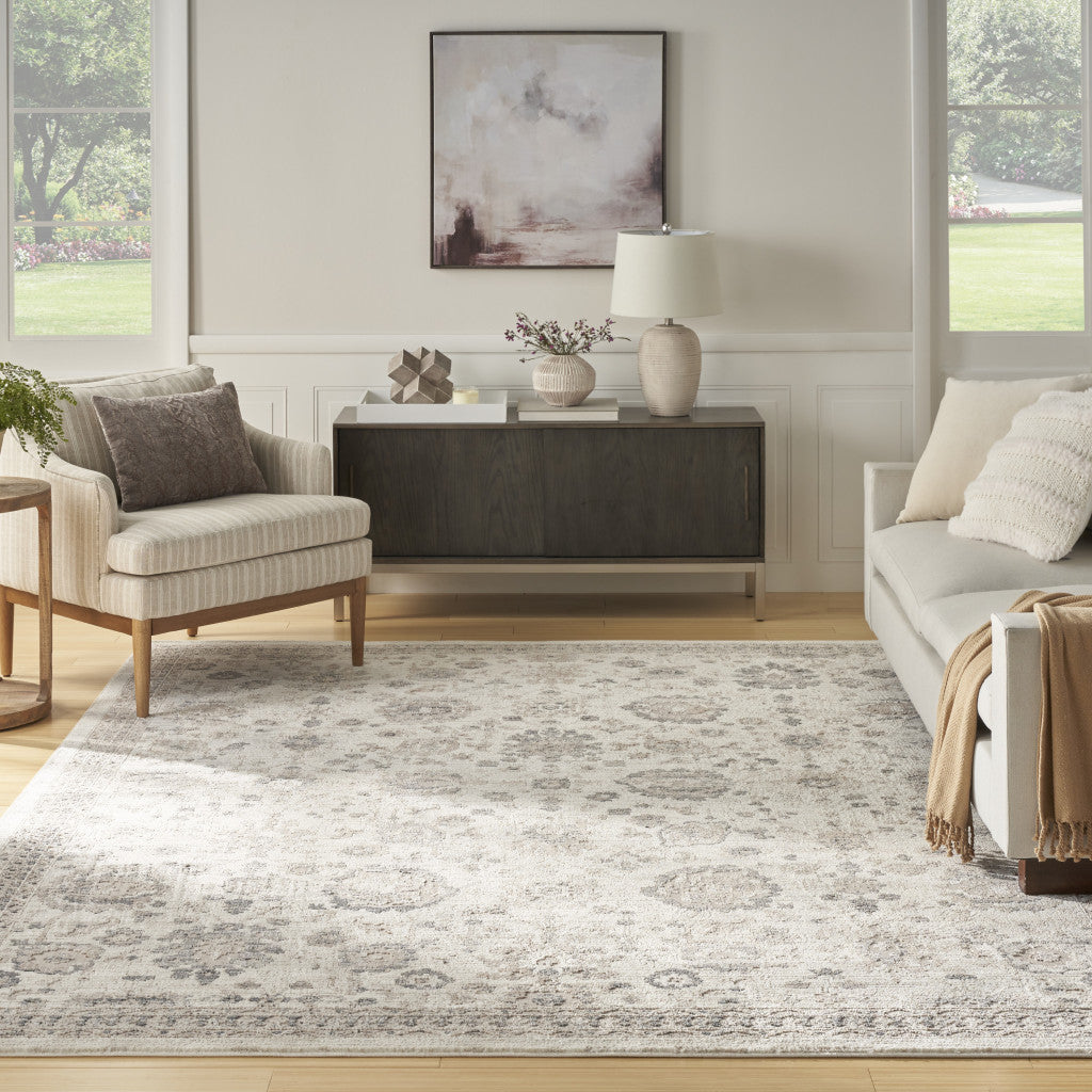5' Ivory Floral Power Loom Worn Faded Round Rug-5