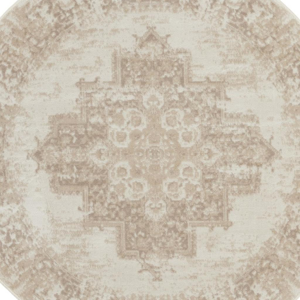 5' Ivory Floral Power Loom Worn Faded Round Rug-2