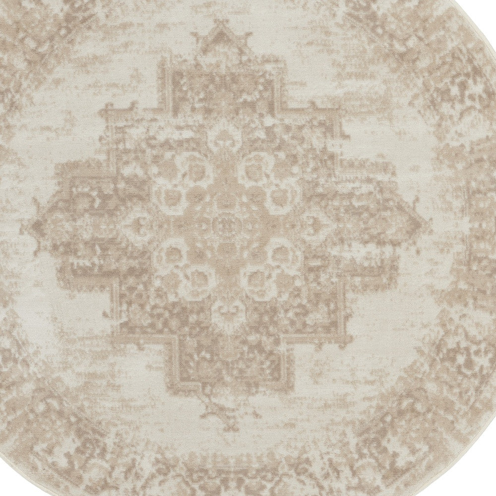 5' Ivory Floral Power Loom Worn Faded Round Rug-6