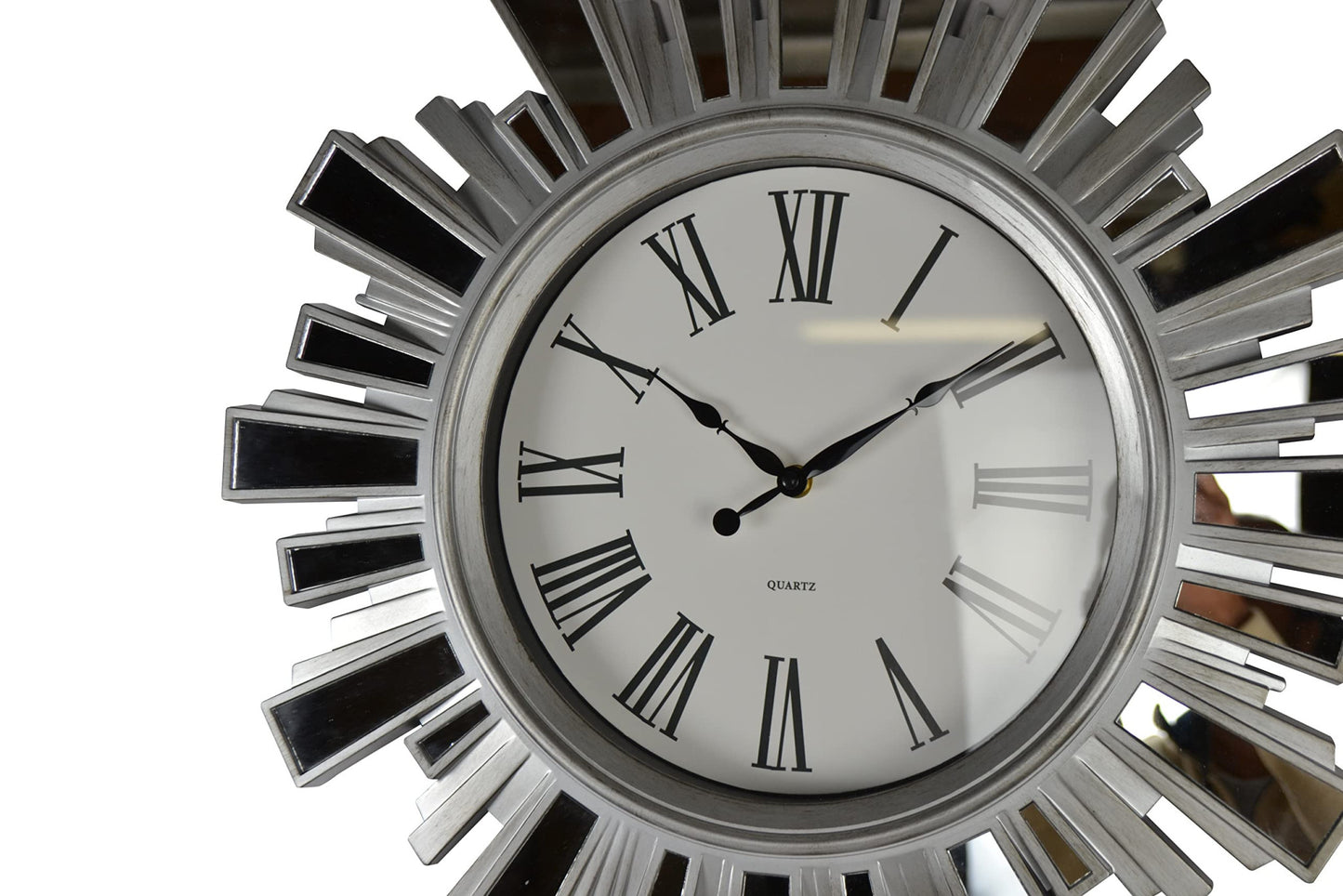 19" Silver And Clear Mirrored Glass And Heavy Duty Plastic Silent Analog Sunburst Wall Clock-3