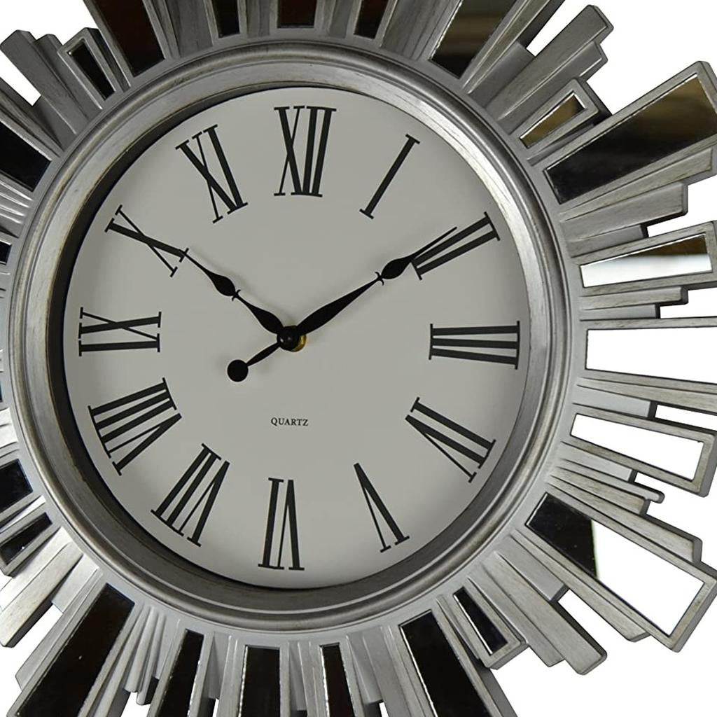 19" Silver And Clear Mirrored Glass And Heavy Duty Plastic Silent Analog Sunburst Wall Clock-5