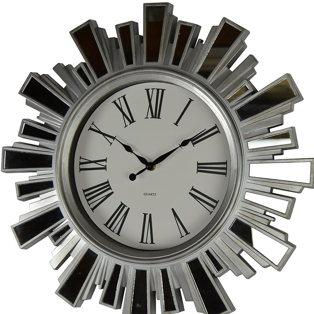 19" Silver And Clear Mirrored Glass And Heavy Duty Plastic Silent Analog Sunburst Wall Clock-2