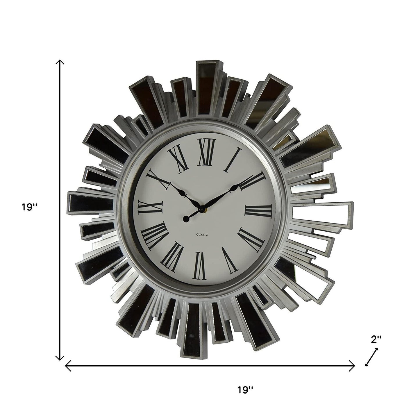 19" Silver And Clear Mirrored Glass And Heavy Duty Plastic Silent Analog Sunburst Wall Clock-6