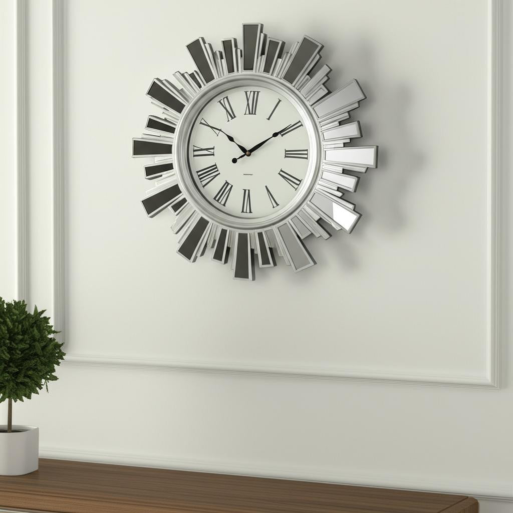 19" Silver And Clear Mirrored Glass And Heavy Duty Plastic Silent Analog Sunburst Wall Clock-0