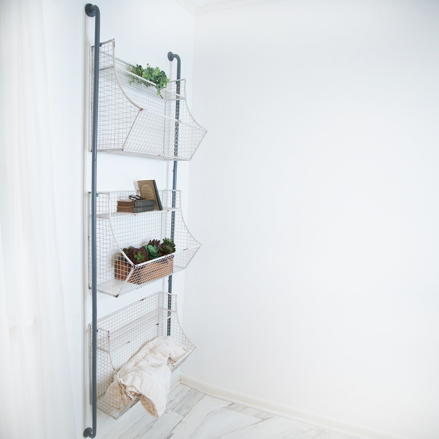 24" White And Gray Metal Baskets Wall Mounted Cubby Shelf-7