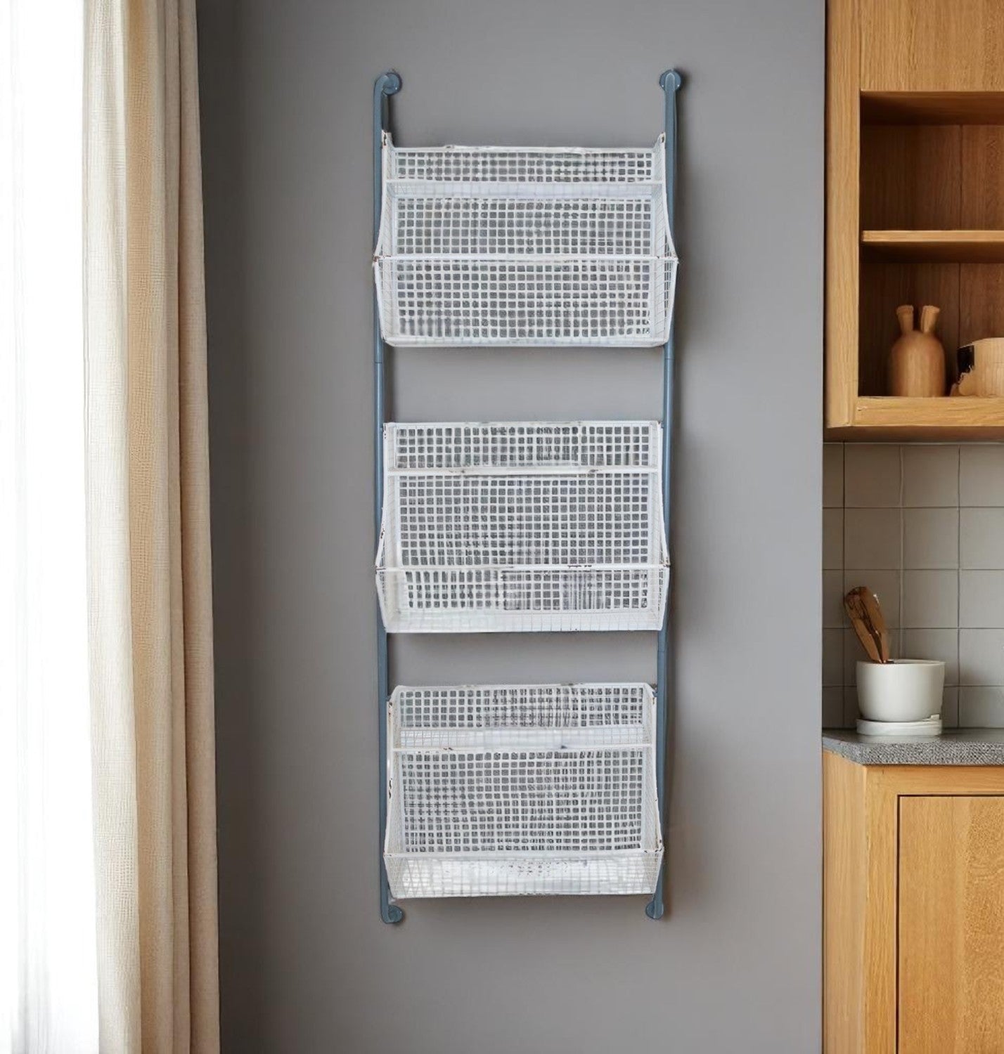 24" White And Gray Metal Baskets Wall Mounted Cubby Shelf-1