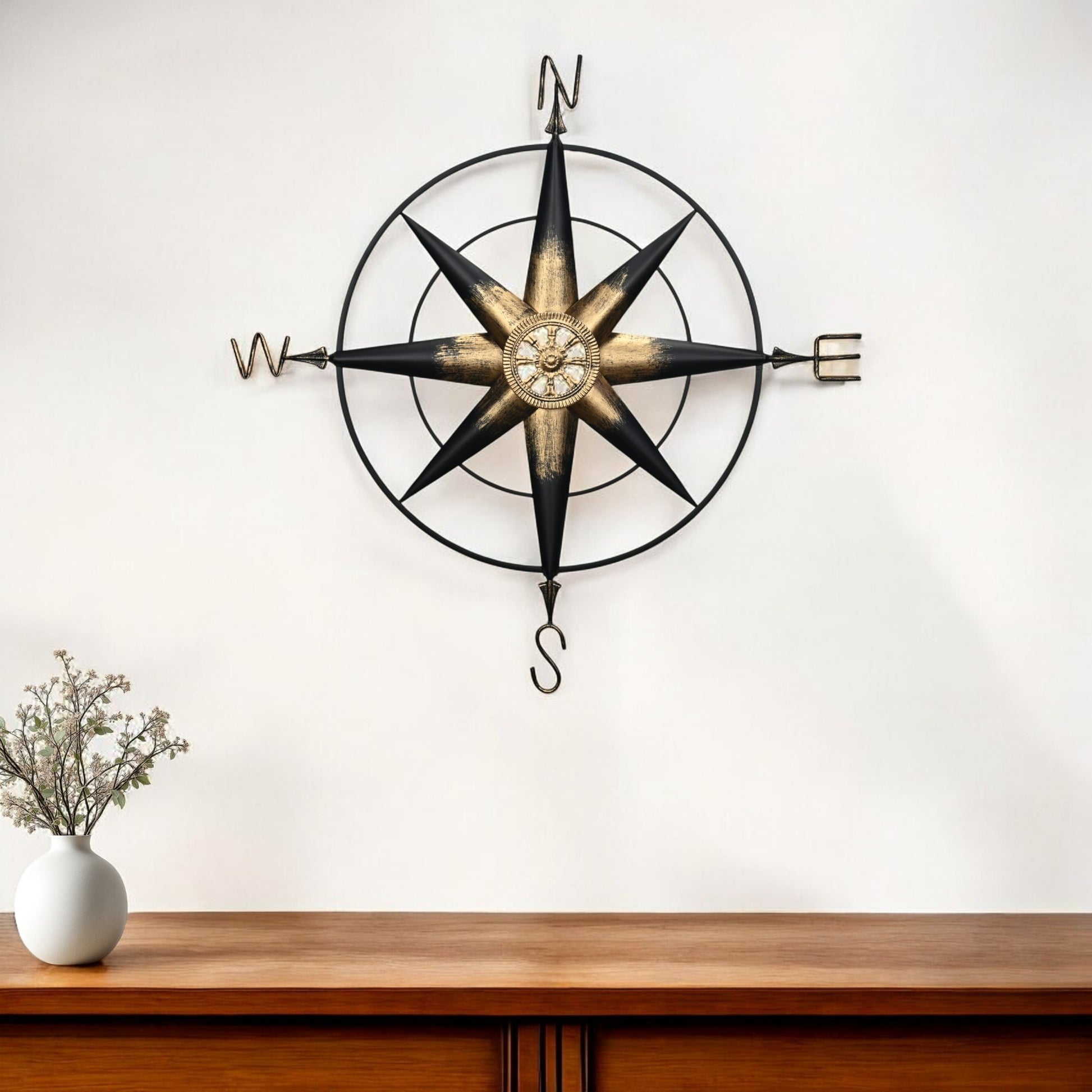 39" Black Rustic Compass Metal Wall Decor-0