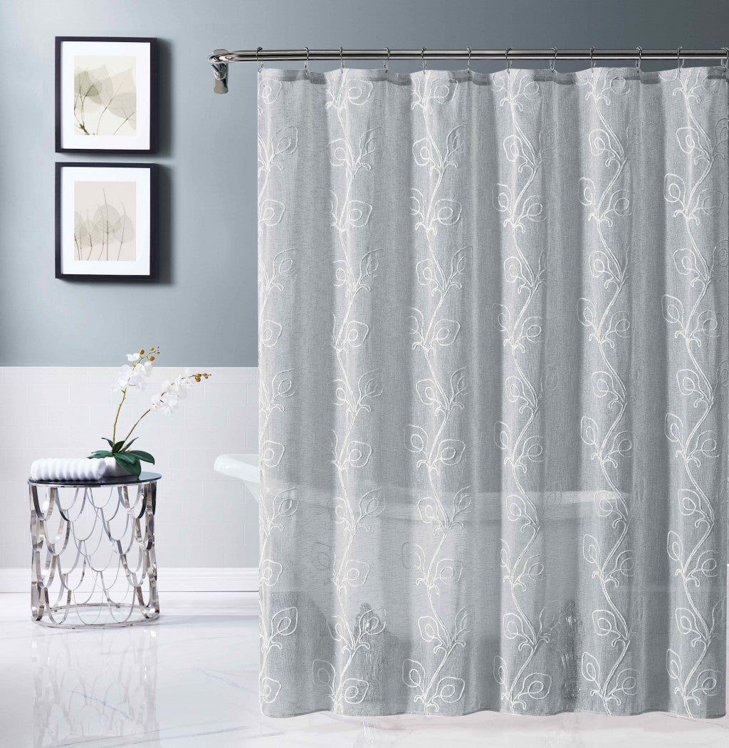 72" Gray Floral Faux Linen Shower Curtain With Embroidery-3