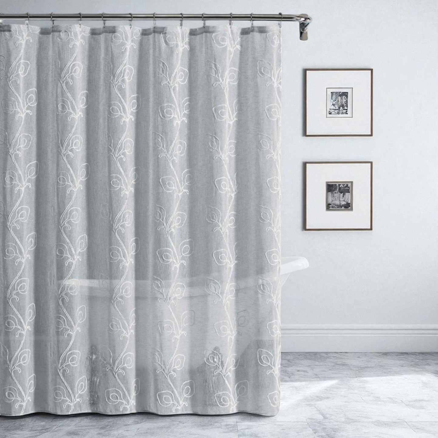 72" Gray Floral Faux Linen Shower Curtain With Embroidery-0