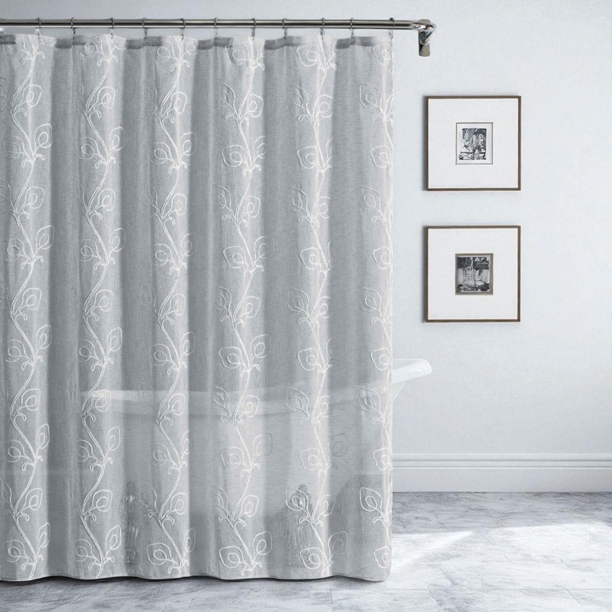 72" Gray Floral Faux Linen Shower Curtain With Embroidery-0