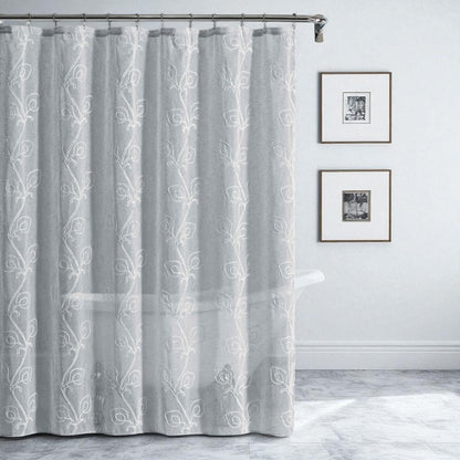 72" Gray Floral Faux Linen Shower Curtain With Embroidery-0