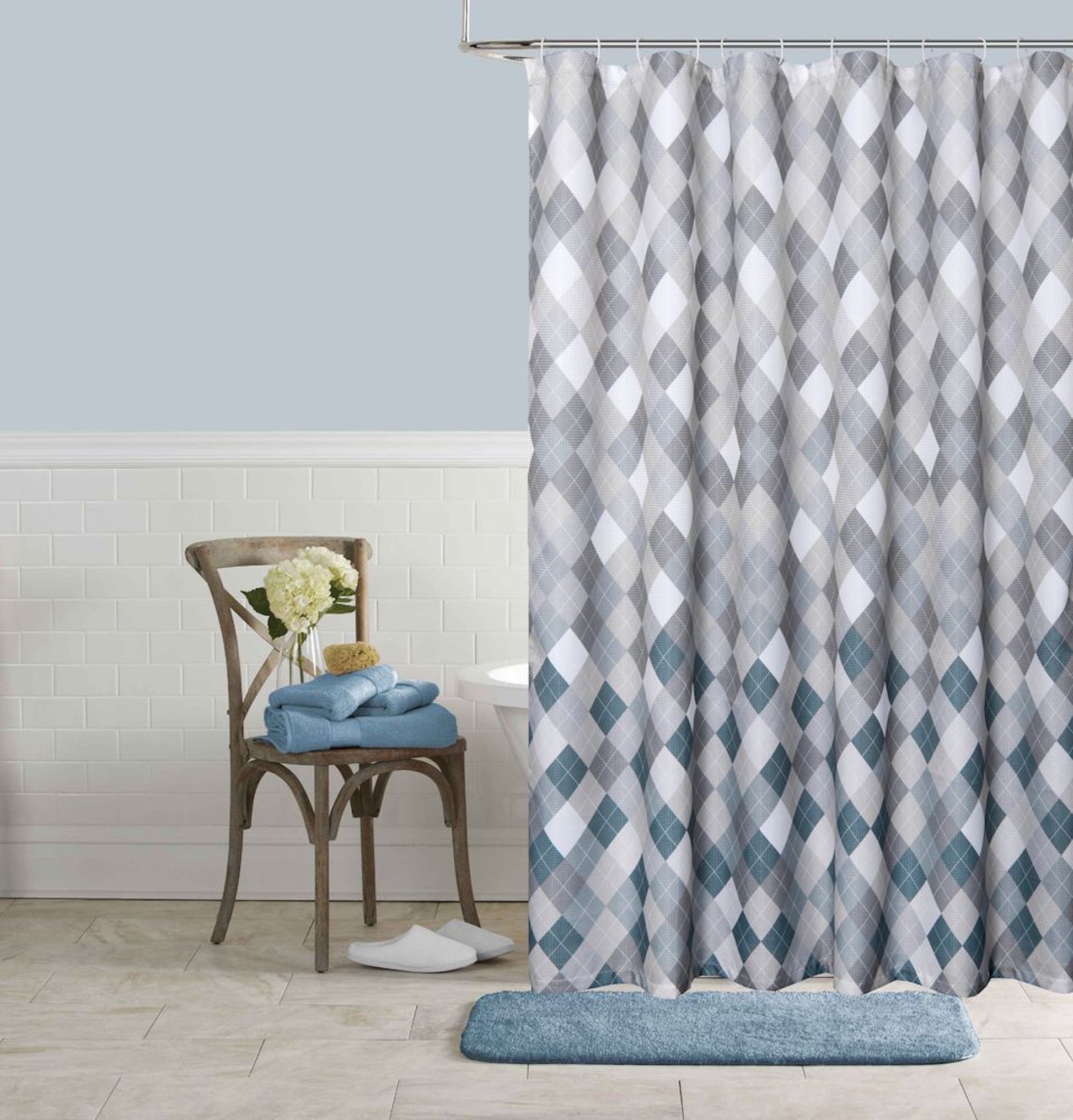 72" Gray And White Argyle Waffle Weave Fabric Shower Curtain and Hooks Set-2