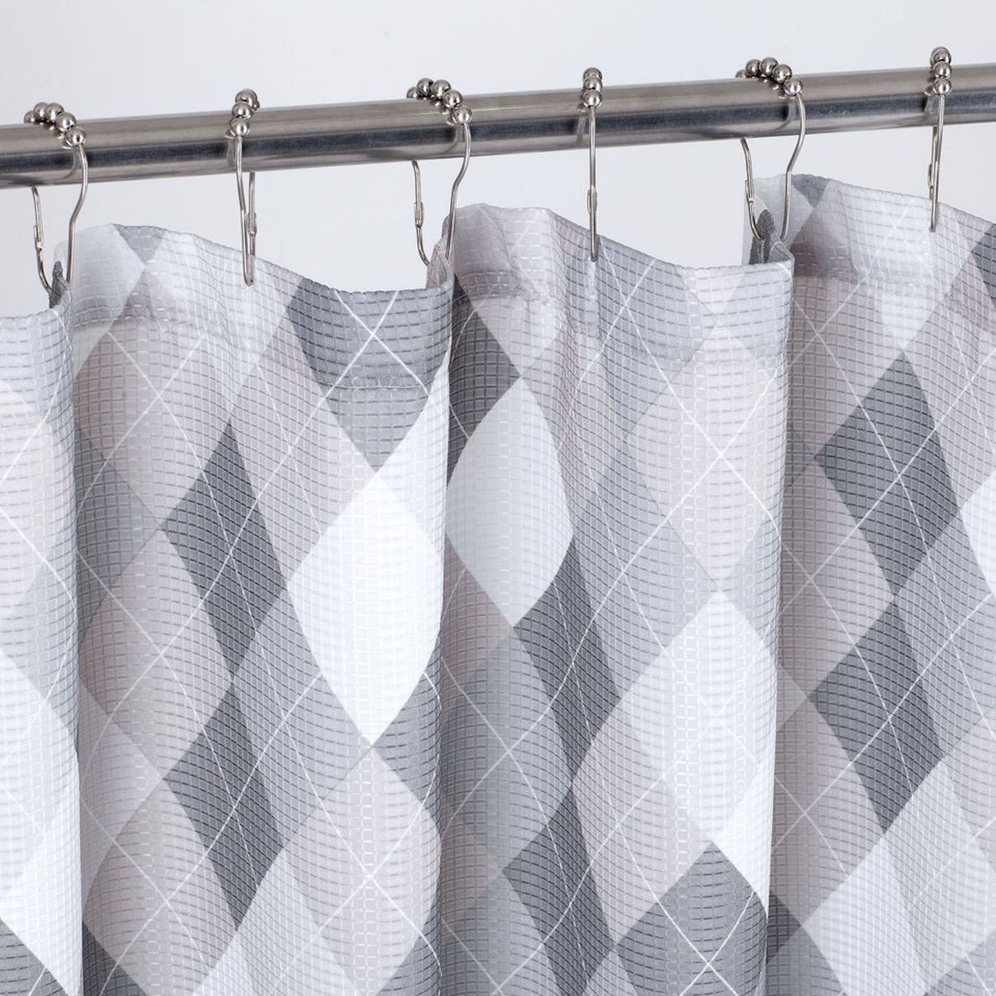 72" Gray And White Argyle Waffle Weave Fabric Shower Curtain and Hooks Set-3