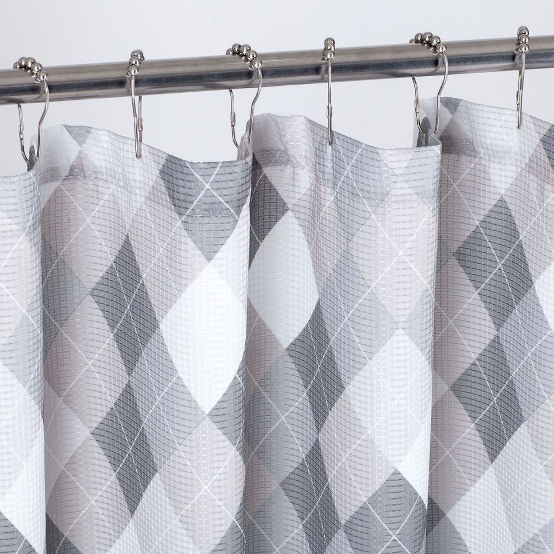 72" Gray And White Argyle Waffle Weave Fabric Shower Curtain and Hooks Set-3