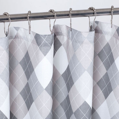 72" Gray And White Argyle Waffle Weave Fabric Shower Curtain and Hooks Set-3
