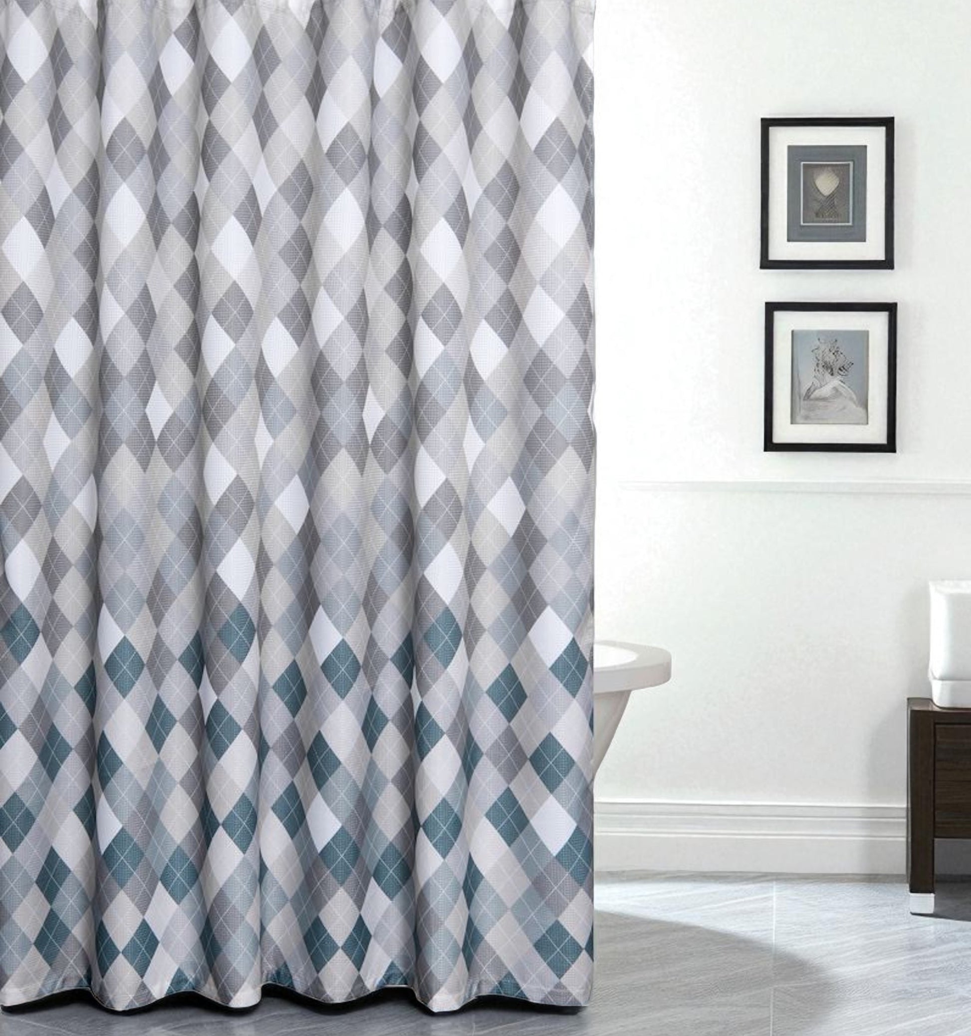 72" Gray And White Argyle Waffle Weave Fabric Shower Curtain and Hooks Set-0