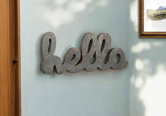 12" X 28" Gray Handcrafted Abstract hello Metal Wall Decor-0