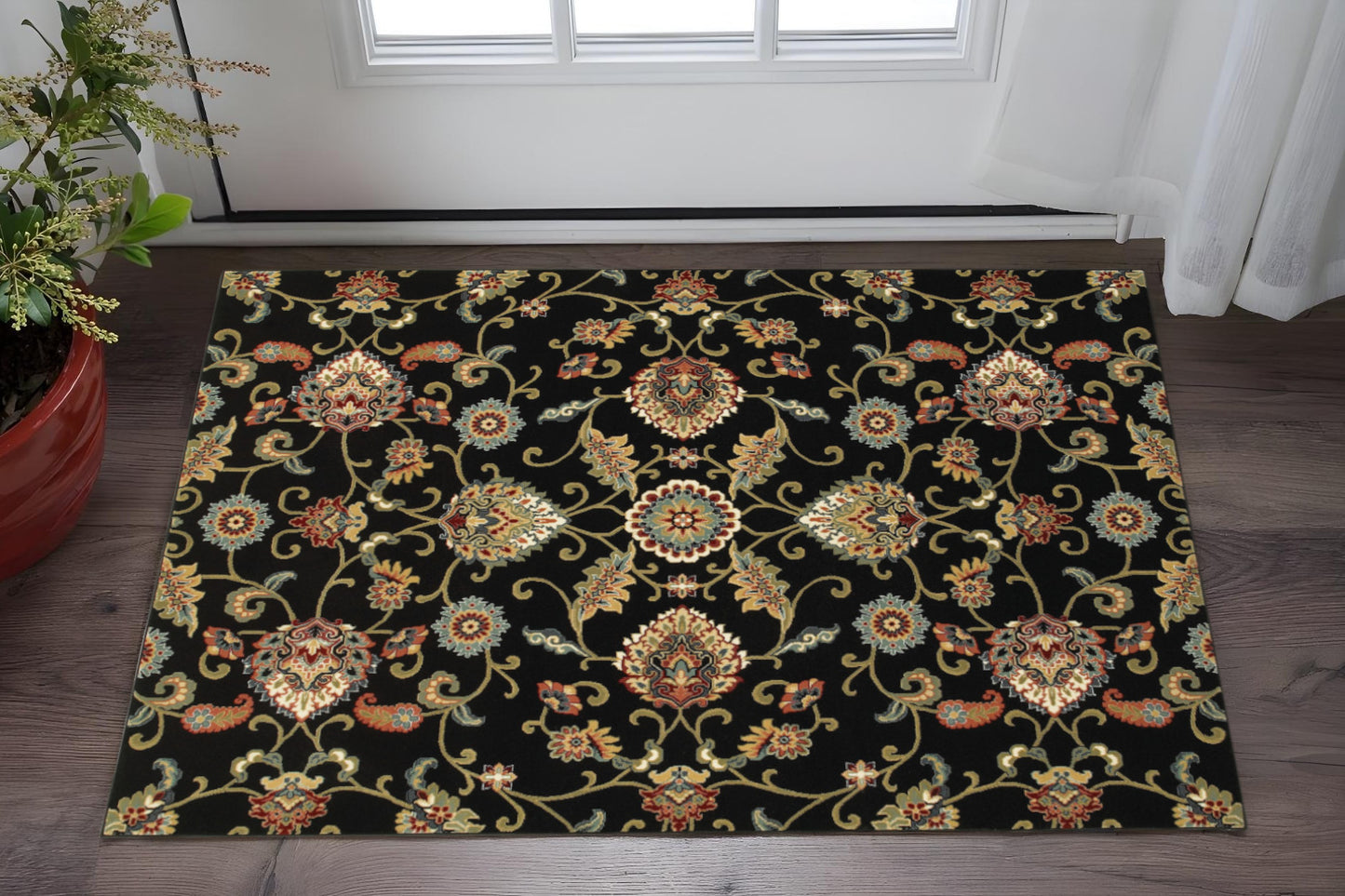 2' X 4' Green and Black Floral Power Loom Area Rug-0