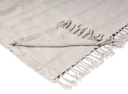 Beige Woven Cotton Striped Throw Blanket-5