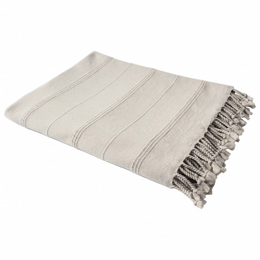Beige Woven Cotton Striped Throw Blanket-0