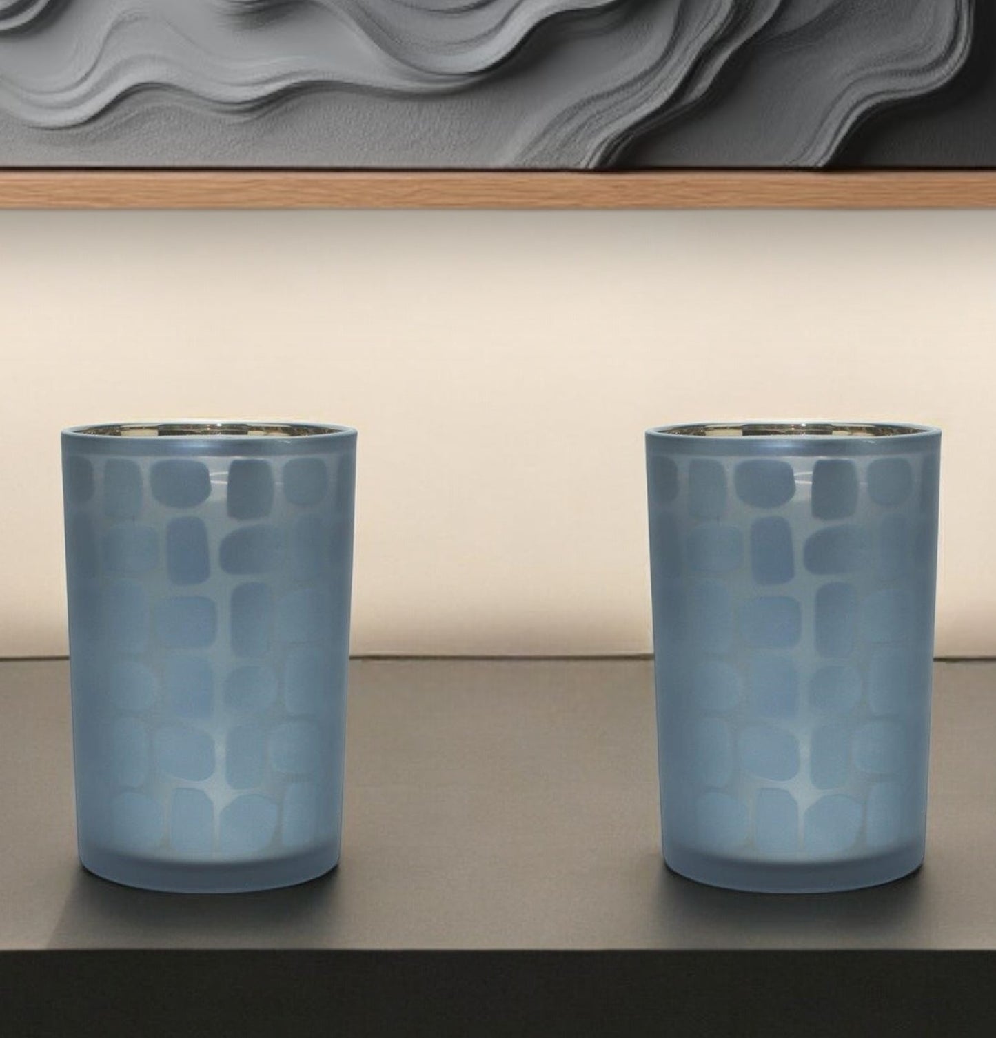 Set of Two Navy Blue Abstract Glass Tabletop Tealight Candle Holders-0