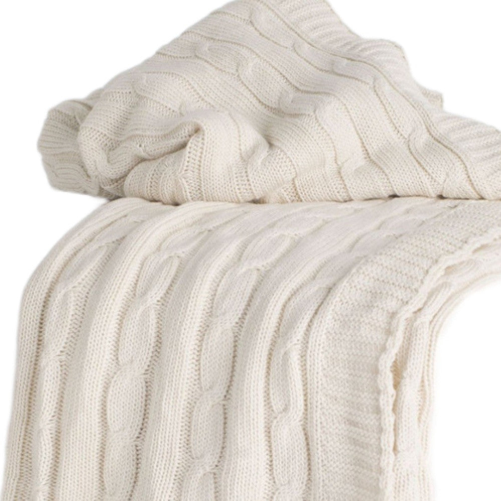 Ivory Knitted 100% Cotton Throw Blanket-2