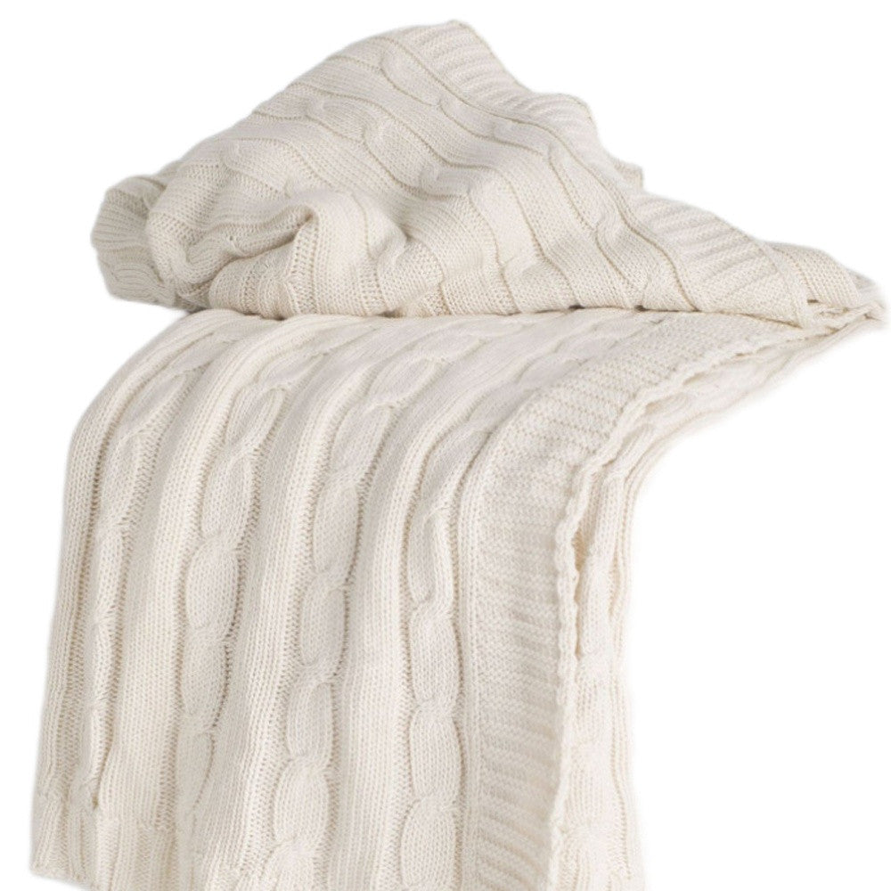 Ivory Knitted 100% Cotton Throw Blanket-3