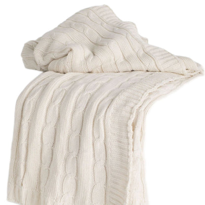 Ivory Knitted 100% Cotton Throw Blanket-3