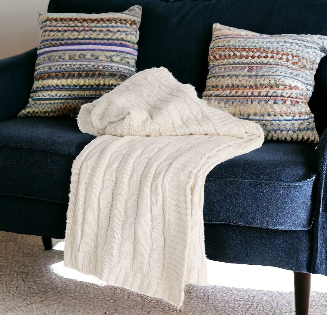 Ivory Knitted 100% Cotton Throw Blanket-1