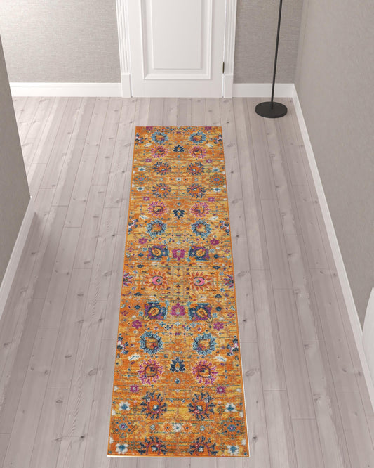 10' Gold Floral Power Loom Runner Rug-0