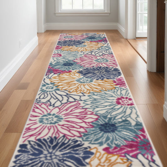 10' Ivory And Blue Floral Runner Rug-0