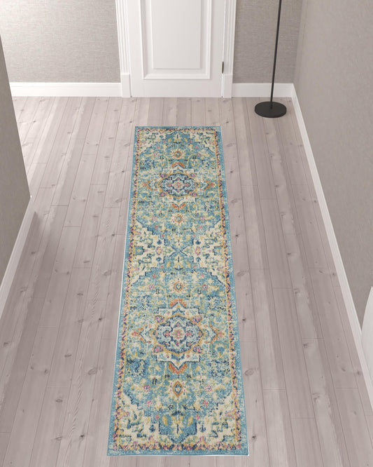 10' Ivory Floral Power Loom Runner Rug-0