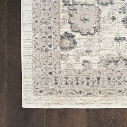 5' Ivory Floral Power Loom Worn Faded Round Rug-8