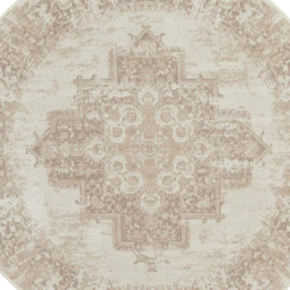 5' Ivory Floral Power Loom Worn Faded Round Rug-2