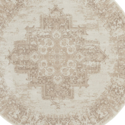 5' Ivory Floral Power Loom Worn Faded Round Rug-6
