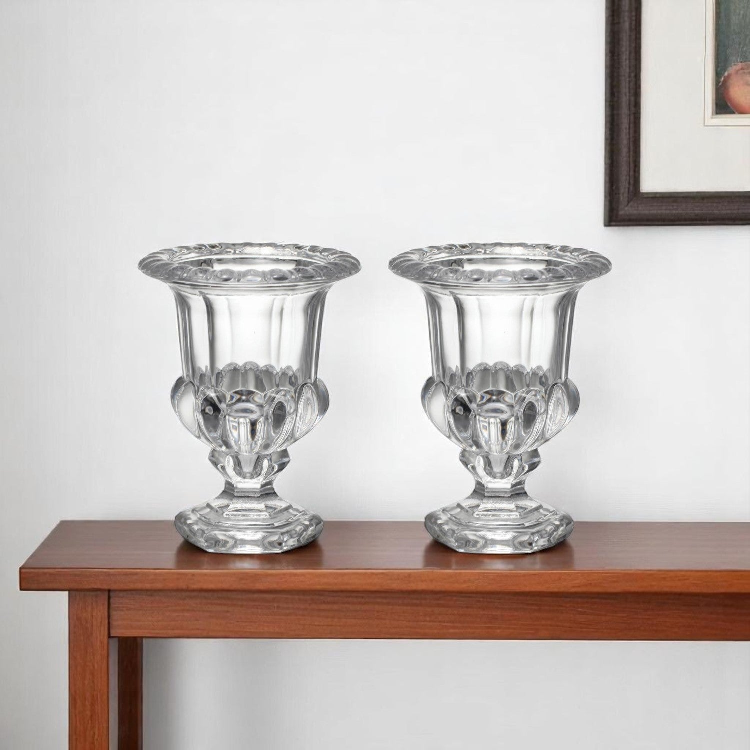 Set of Two Clear Glass Urn Table Vases-0